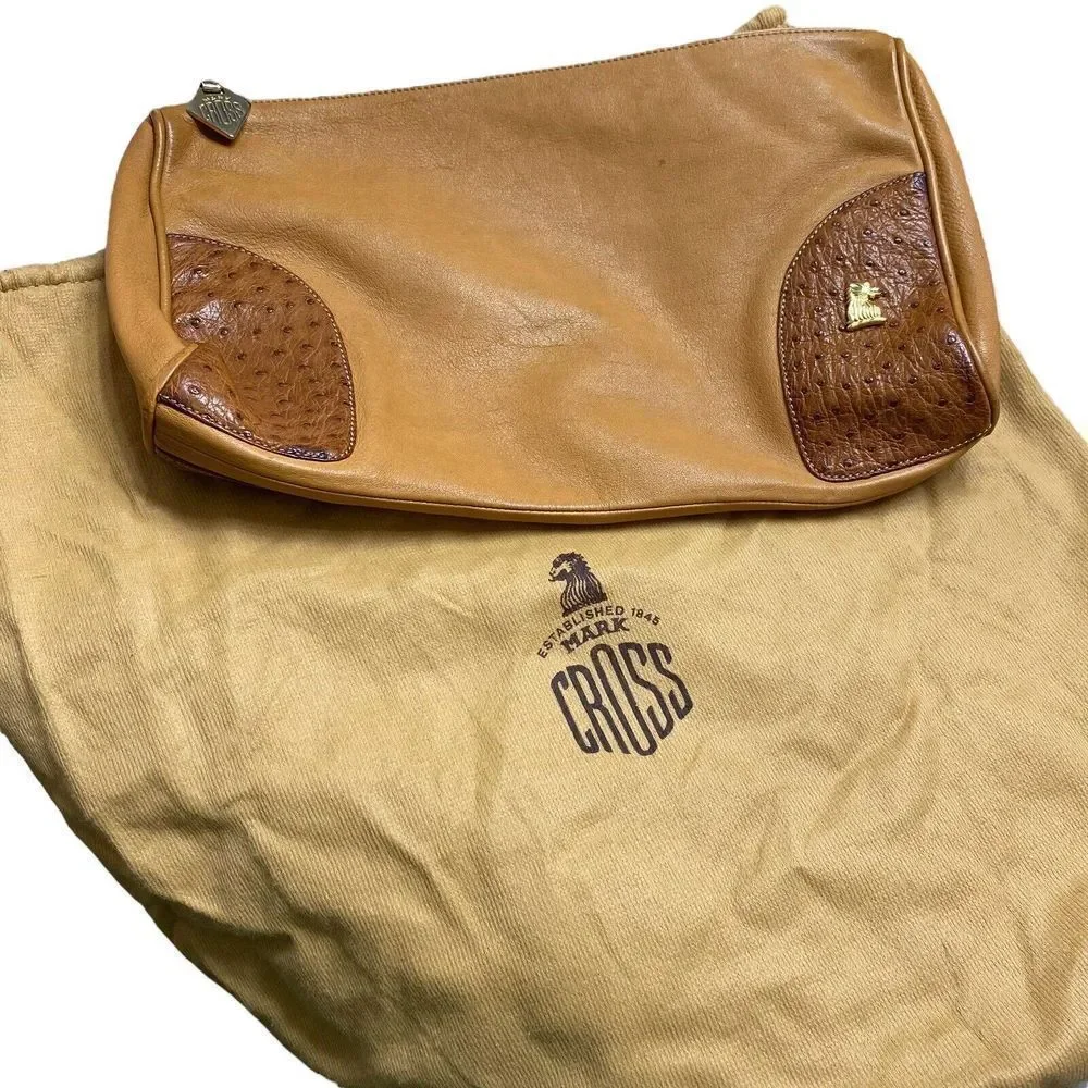 Mark Cross Vintage Clutch Bag Purse Beige Leather Ostrich Trim Dust Bag